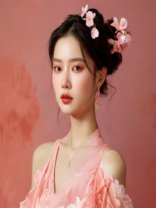 新妻优香官方形象照，展现其清新自然的气质与专业演艺风范，珊瑚粉调艺术摄影风格